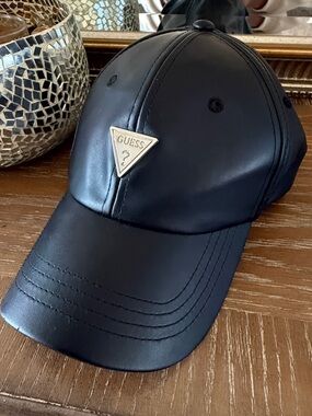 GUESS Black Faux Leather Baseball Cap with Gold Triangle Logo